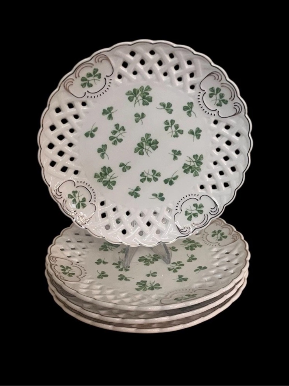 New Grace Teaware 7.5" Shamrock Gold Trim Salad Plate Plates Lattice Edge Set 4